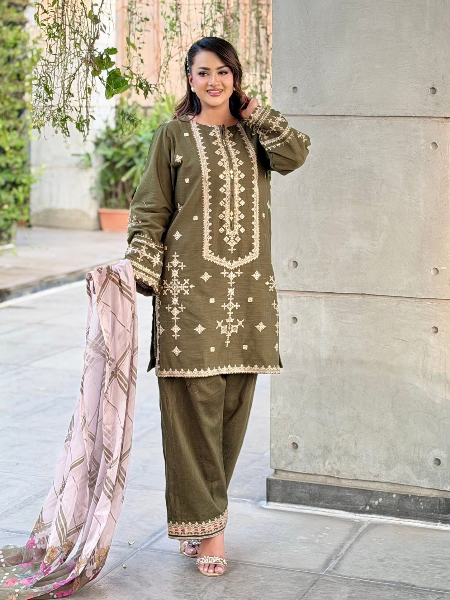 Sadabahar Embroidered Khaadi Cotton 3 Piece-Green