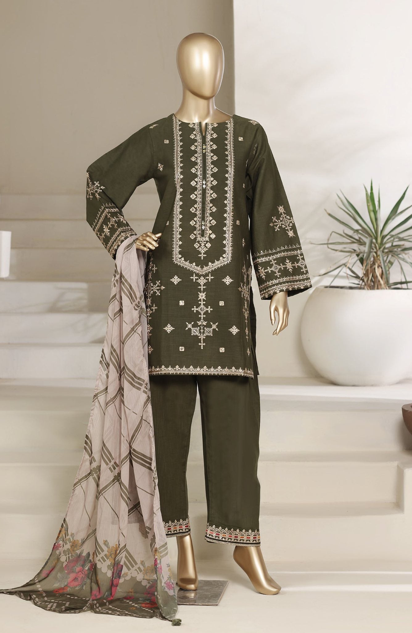 Sadabahar Embroidered Khaadi Cotton 3 Piece-Green