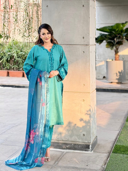 Sadabahar Embroidered Khaadi Cotton 3 Piece-Teal