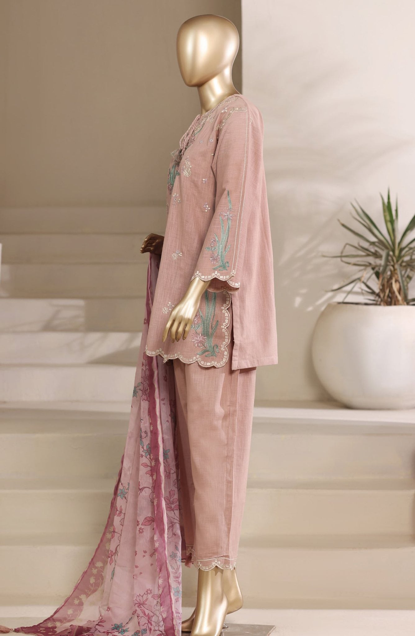 Sadabahar Embroidered Khaadi Cotton 3 Piece-Pink