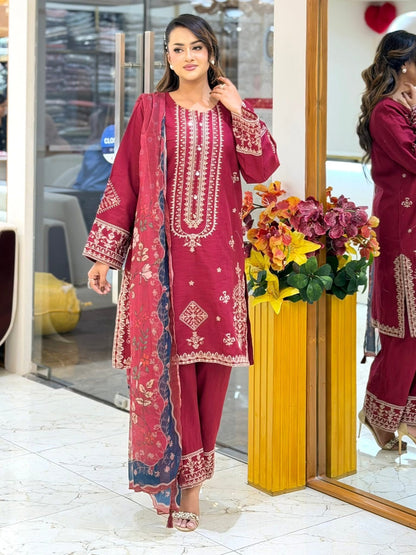 Sadabahar Embroidered Khaadi Cotton 3 Piece- Red