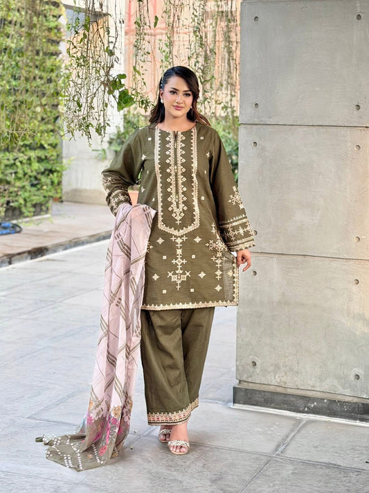 Sadabahar Embroidered Khaadi Cotton 3 Piece-Green