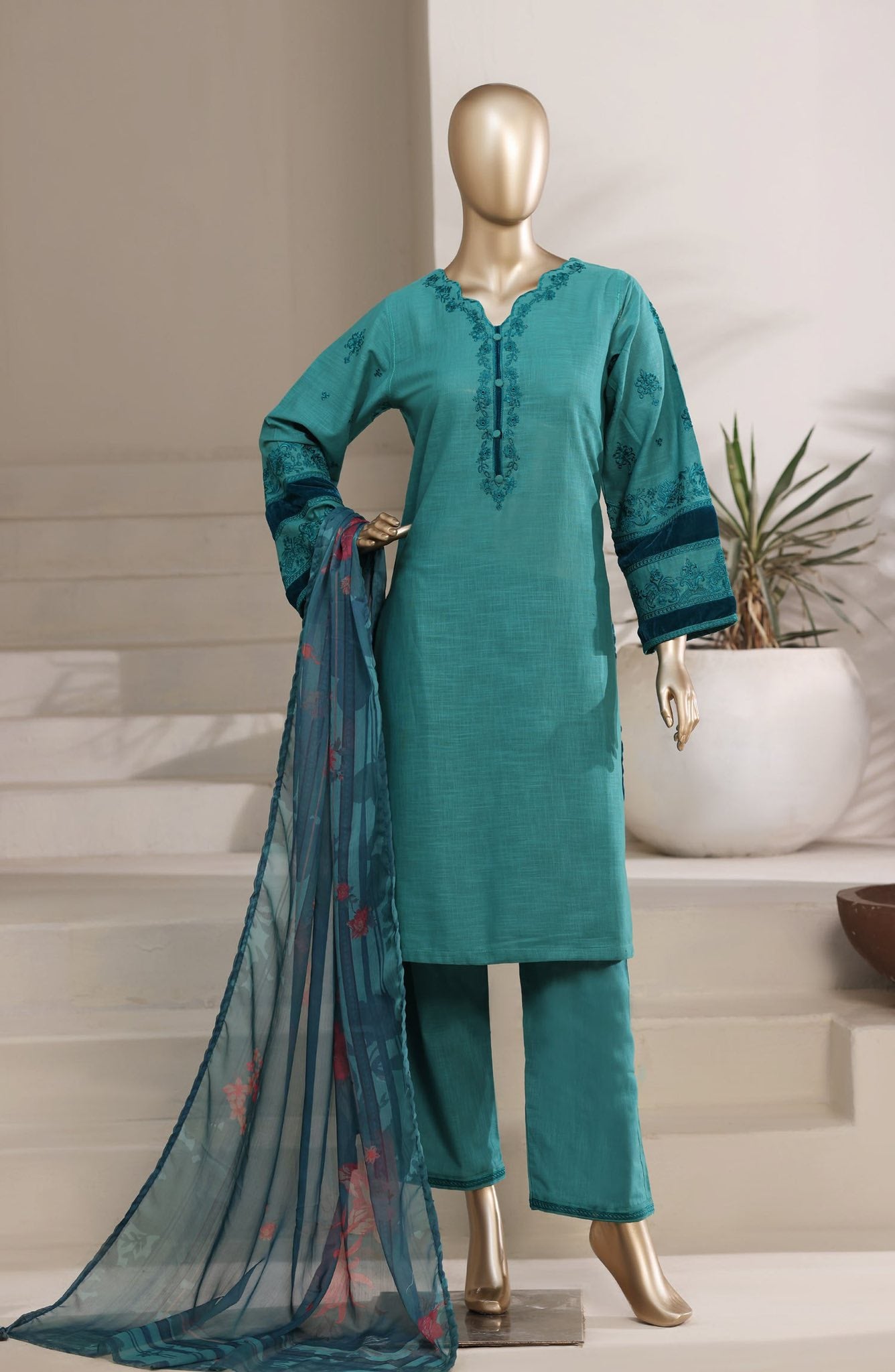 Sadabahar Embroidered Khaadi Cotton 3 Piece-Teal