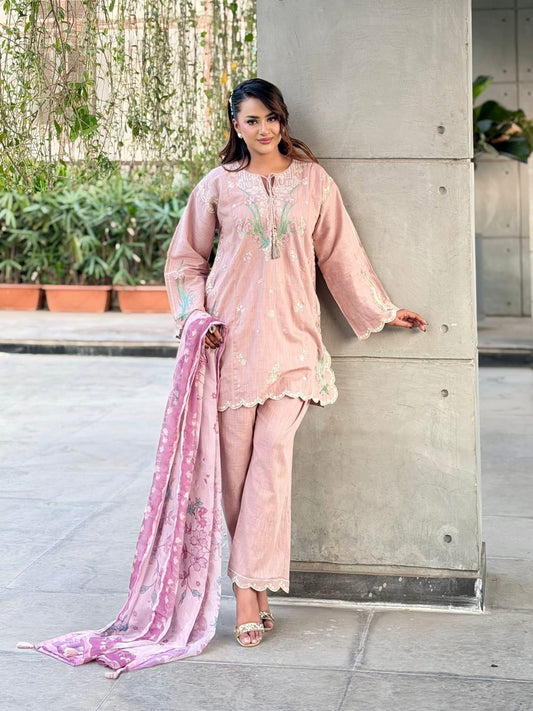 Sadabahar Embroidered Khaadi Cotton 3 Piece-Pink
