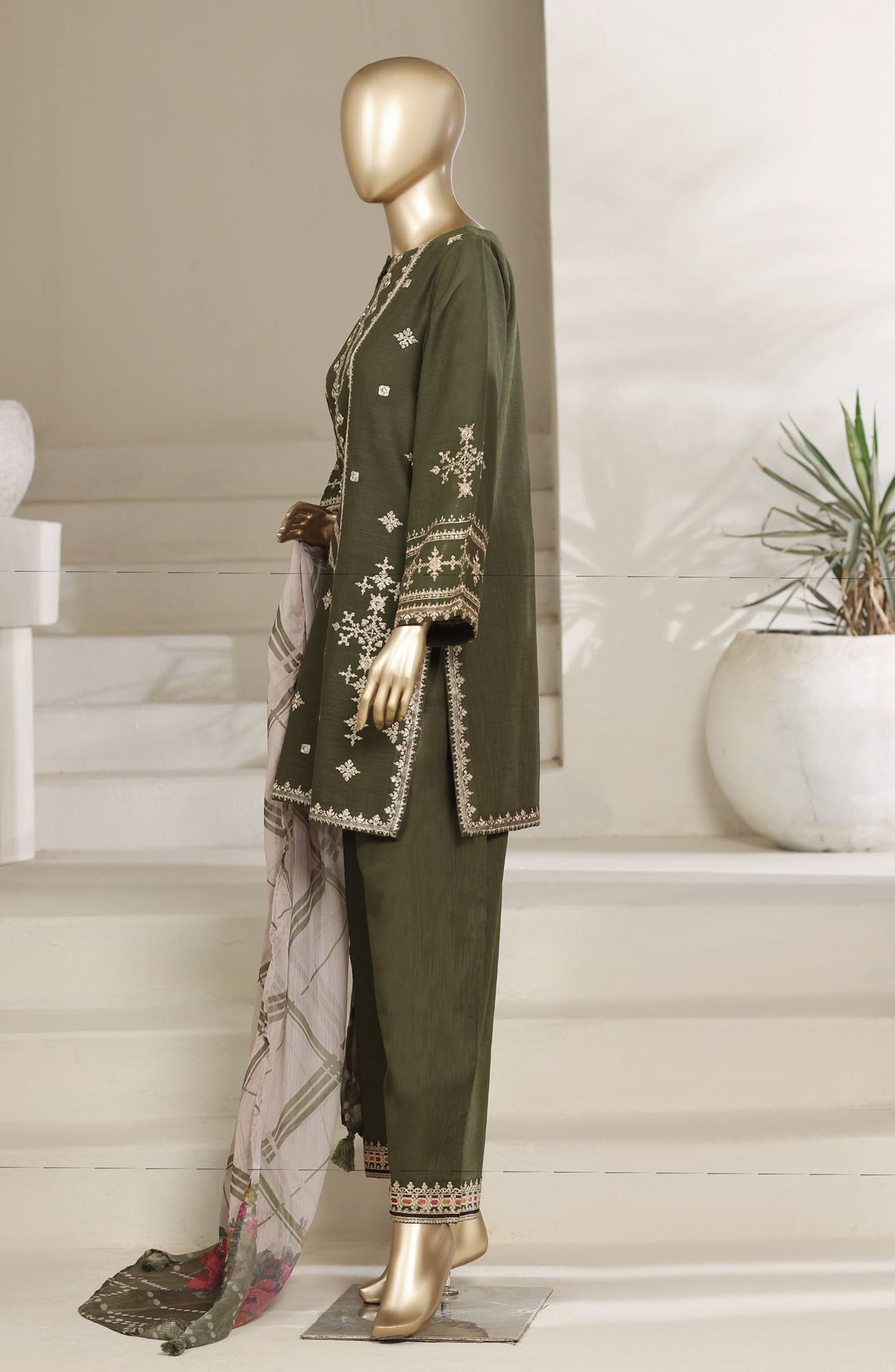 Sadabahar Embroidered Khaadi Cotton 3 Piece-Green