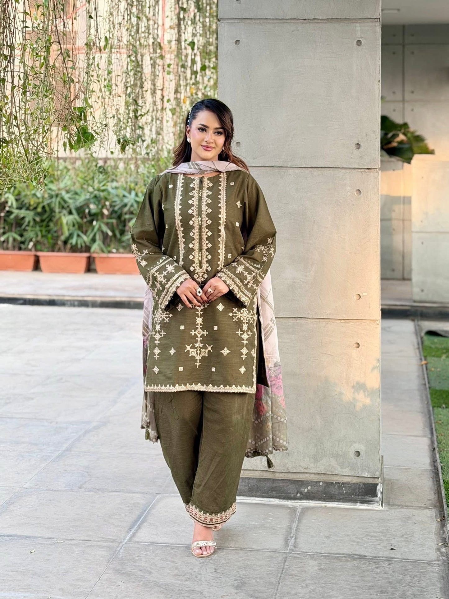 Sadabahar Embroidered Khaadi Cotton 3 Piece-Green
