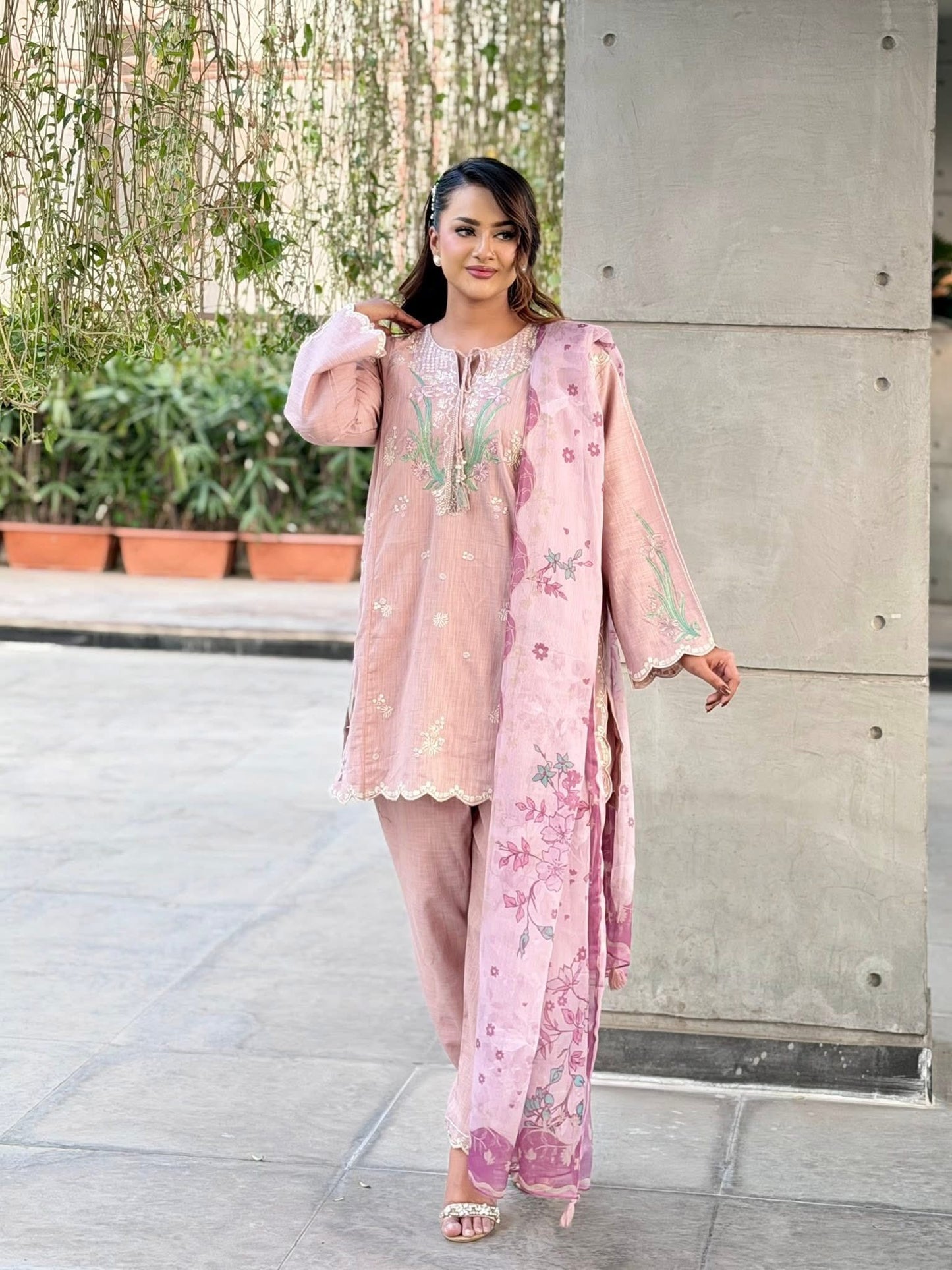 Sadabahar Embroidered Khaadi Cotton 3 Piece-Pink