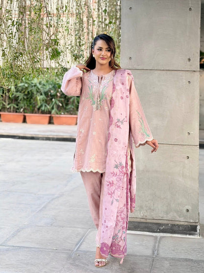Sadabahar Embroidered Khaadi Cotton 3 Piece-Pink
