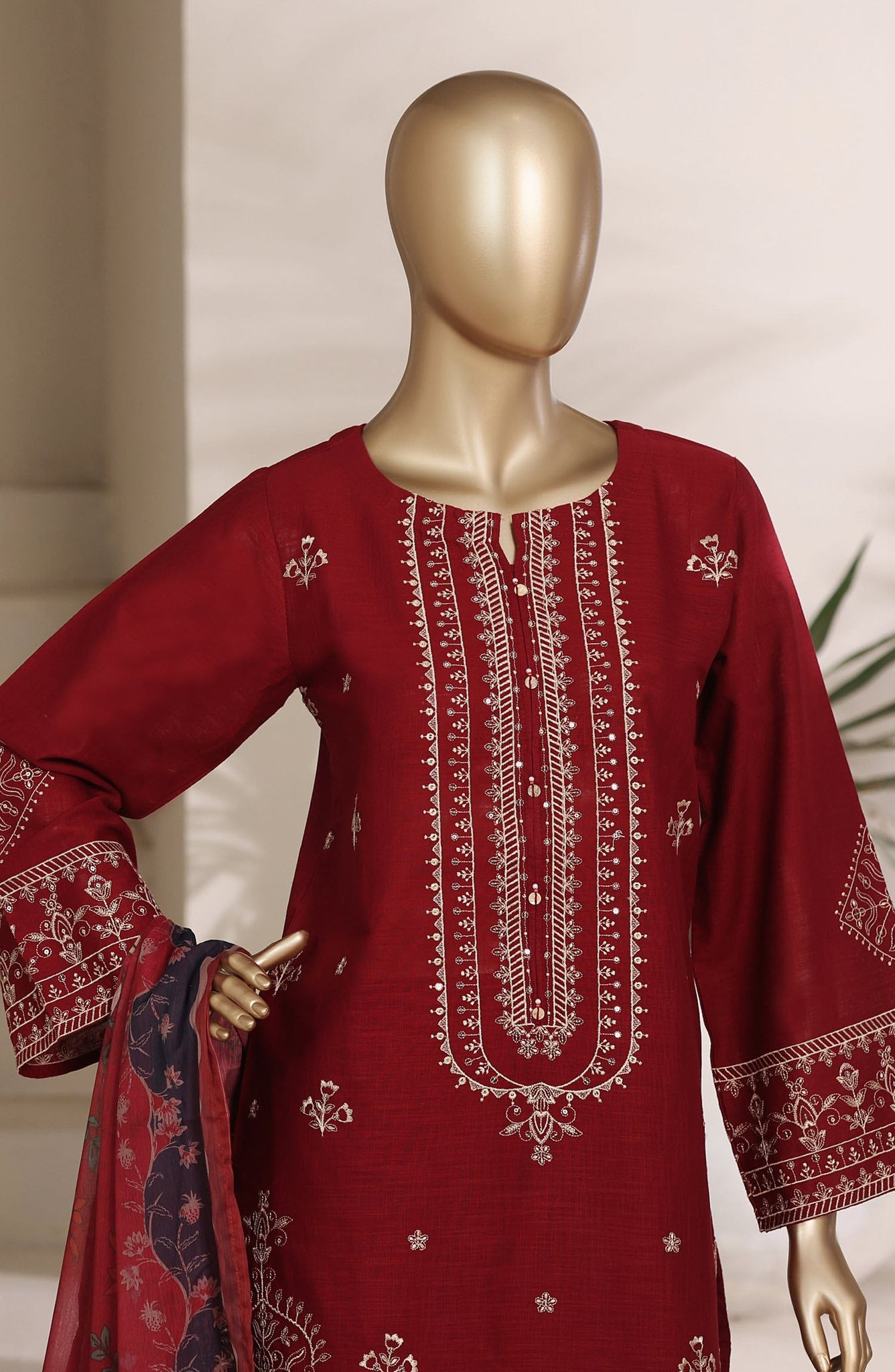 Sadabahar Embroidered Khaadi Cotton 3 Piece- Red