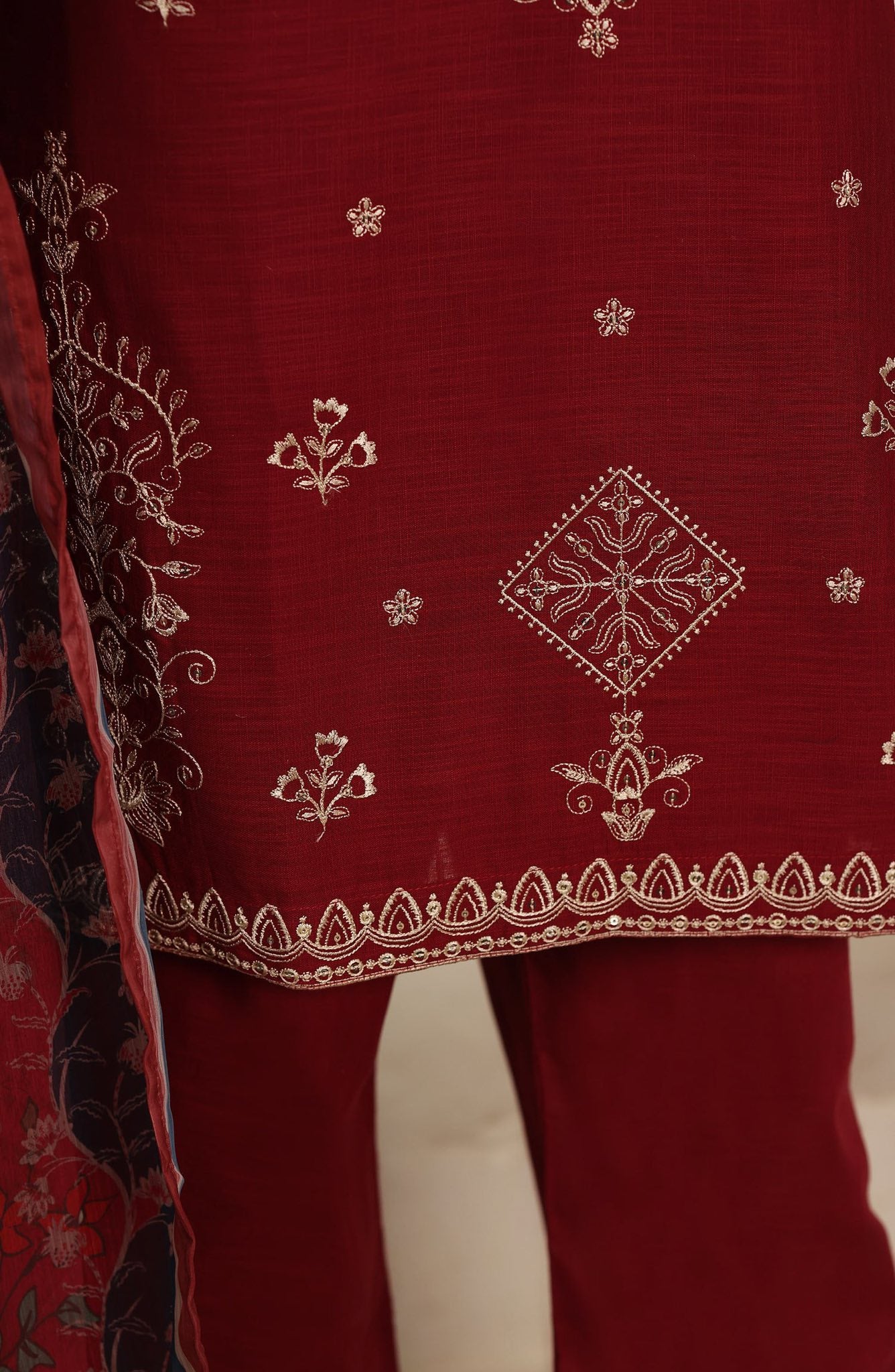 Sadabahar Embroidered Khaadi Cotton 3 Piece- Red