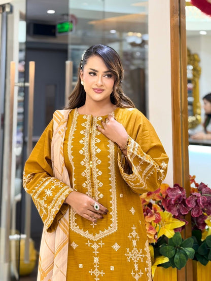 Sadabahar Embroidered Khaadi Cotton 3 Piece- Mustard