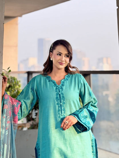 Sadabahar Embroidered Khaadi Cotton 3 Piece-Teal