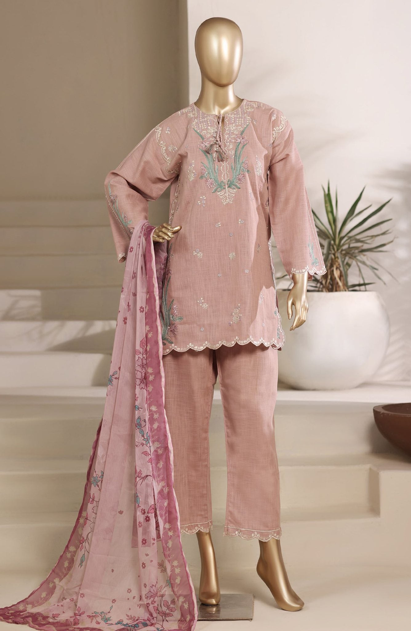 Sadabahar Embroidered Khaadi Cotton 3 Piece-Pink