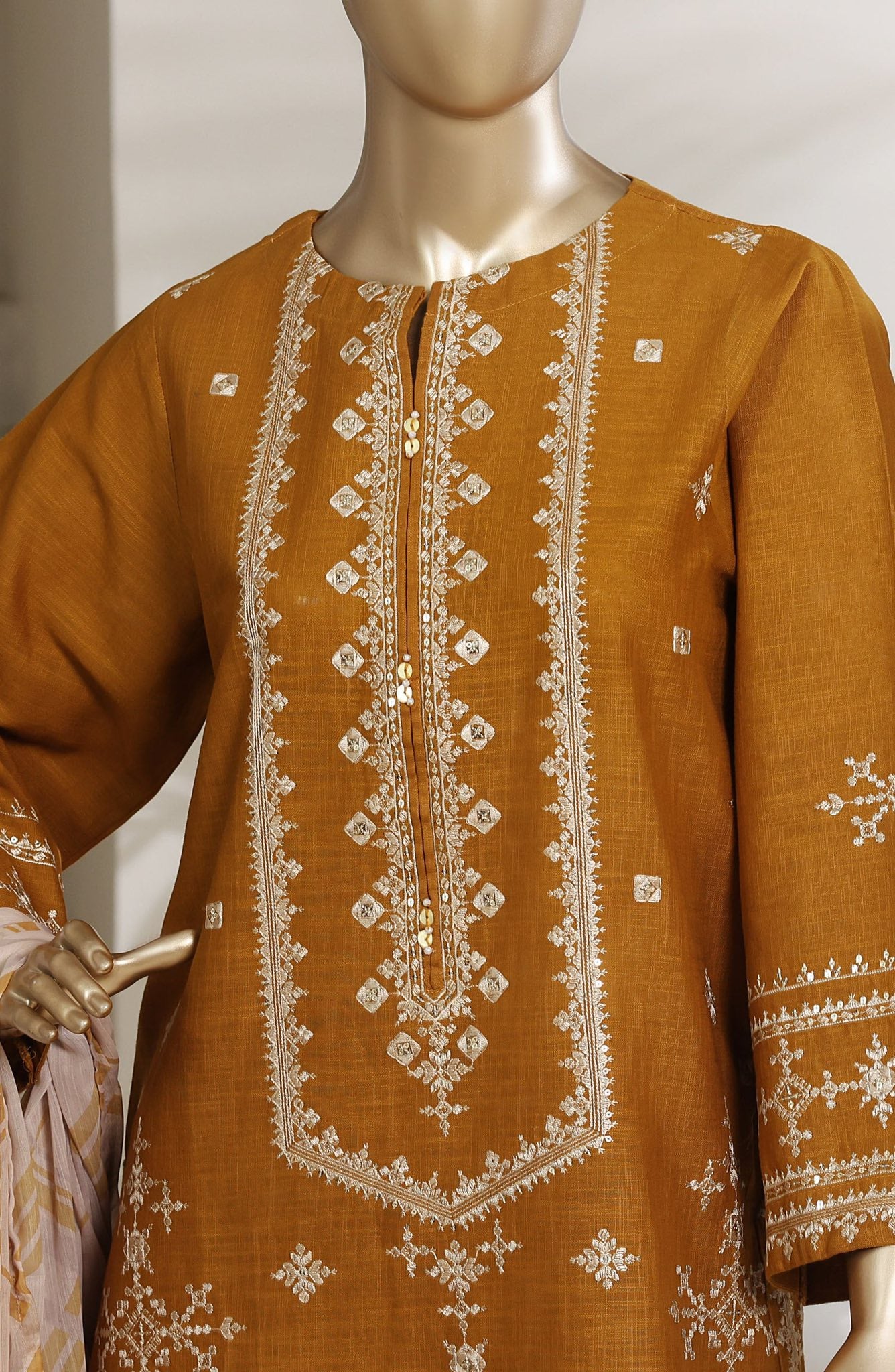 Sadabahar Embroidered Khaadi Cotton 3 Piece- Mustard