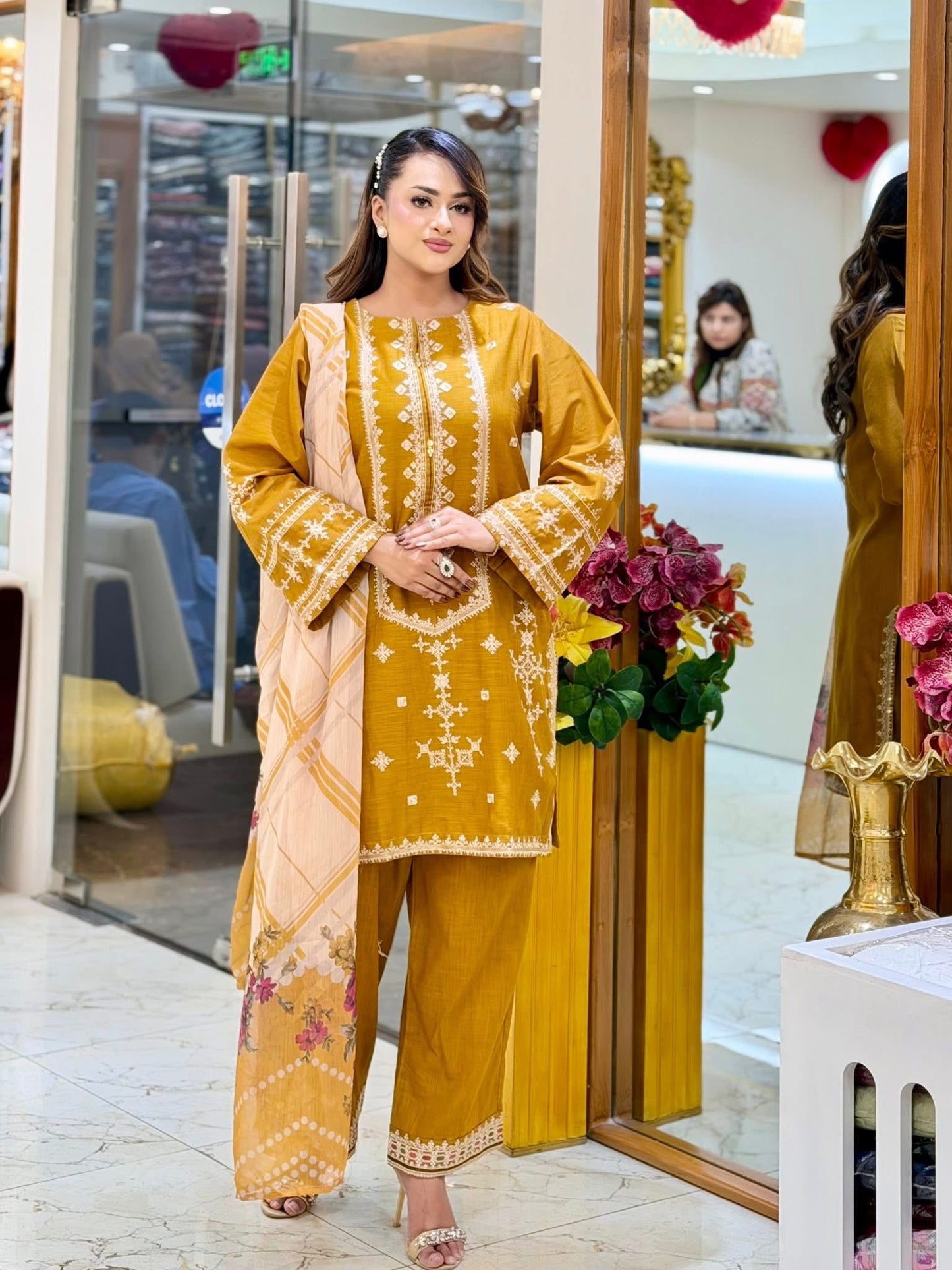 Sadabahar Embroidered Khaadi Cotton 3 Piece- Mustard