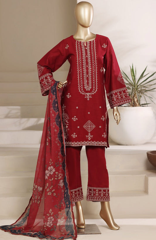 Sadabahar Embroidered Khaadi Cotton 3 Piece- Red