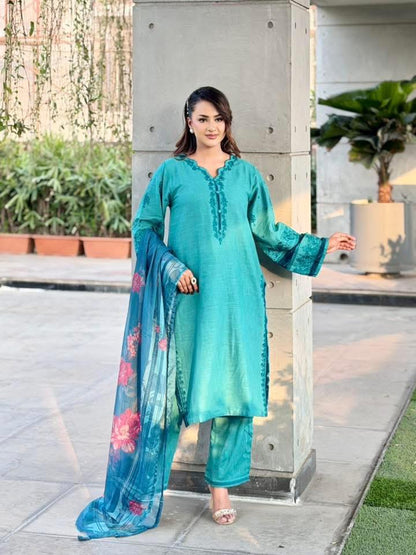 Sadabahar Embroidered Khaadi Cotton 3 Piece-Teal