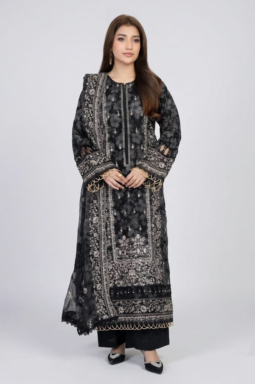 Johra Luxury Emb Lawn 3 Piece Suit- Black