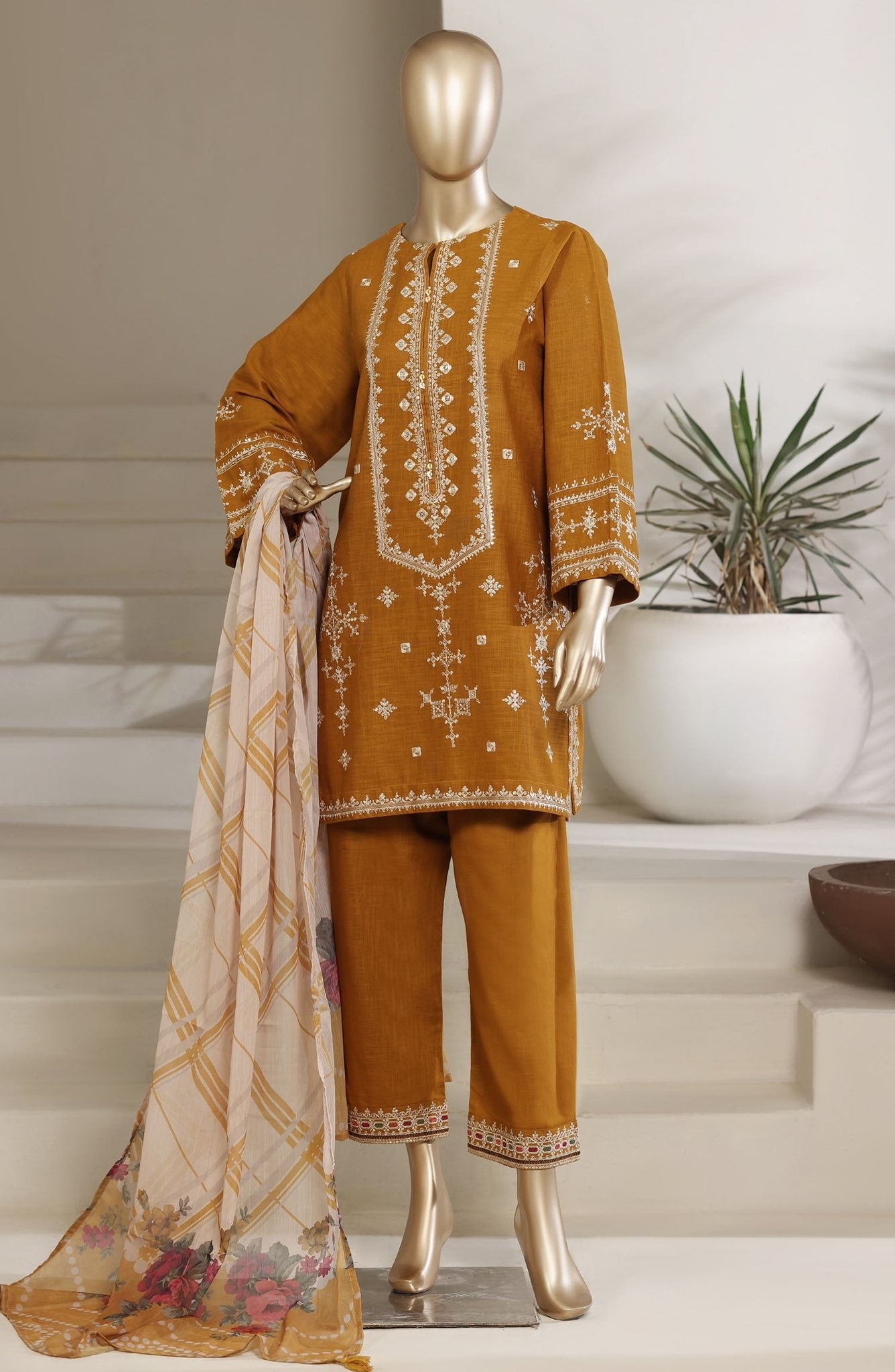 Sadabahar Embroidered Khaadi Cotton 3 Piece- Mustard
