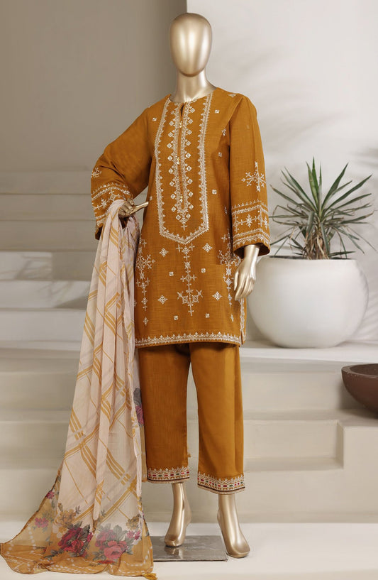 Sadabahar Embroidered Khaadi Cotton 3 Piece- Mustard