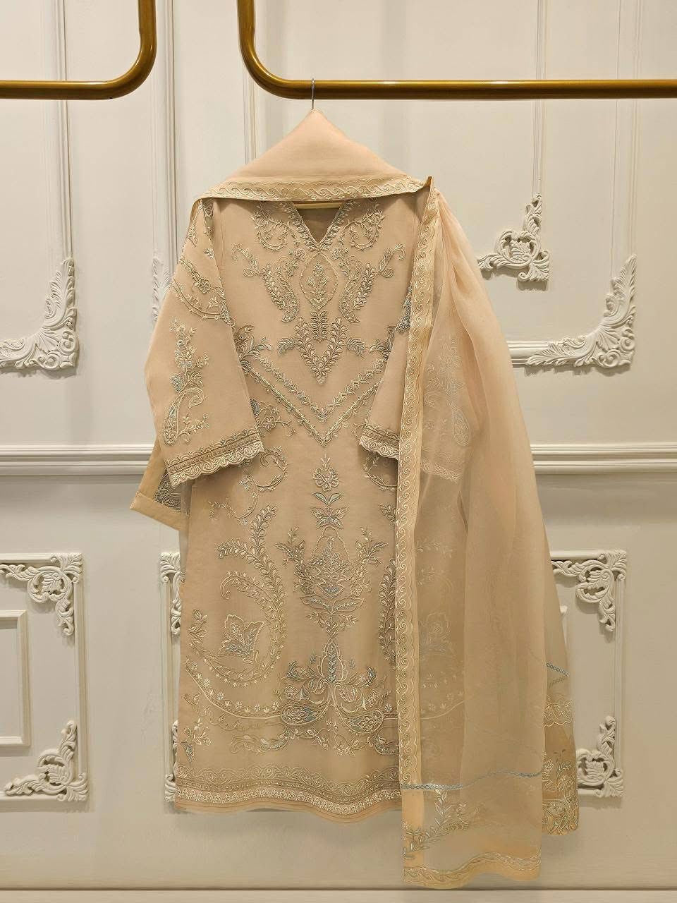 Aghanoor Embroidered Organza 3 Piece Suit- Beige Golden