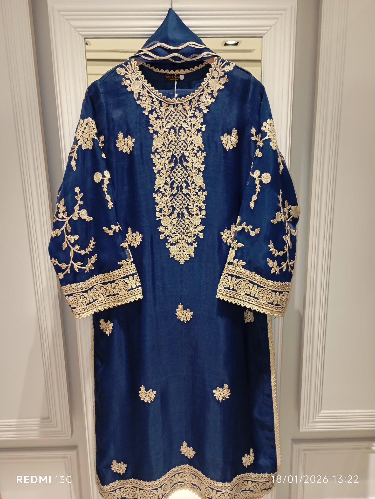 Aghanoor Embroidered Organza 3 Piece Suit-Blue