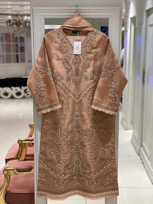 Aghanoor Embroidered Organza 3 Piece Suit- Beige Golden