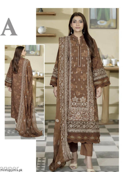 Johra Luxury Emb Lawn 3 Piece Suit- Brown