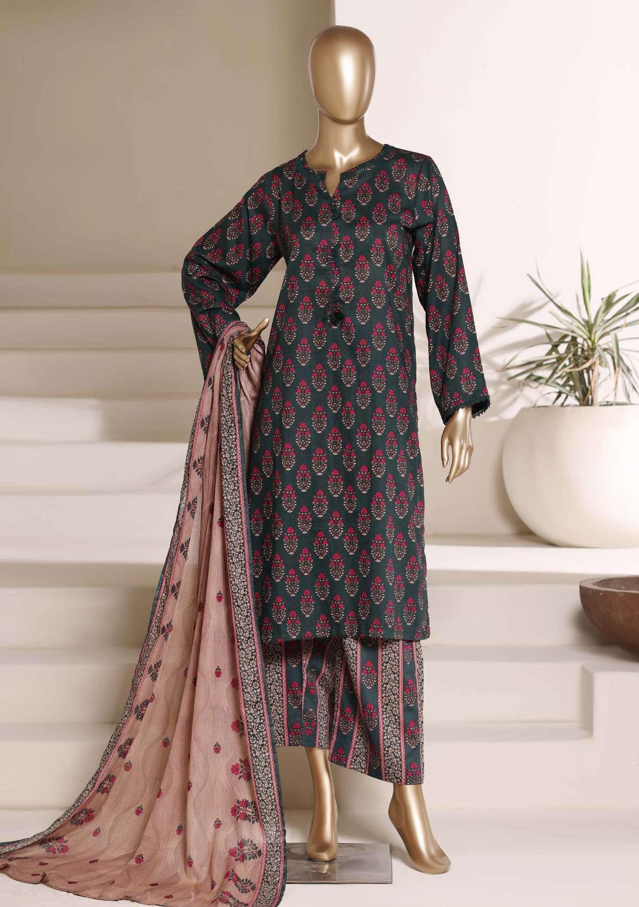 SADABAHAR Luxury Printed Lawn Suit-Bottle Green