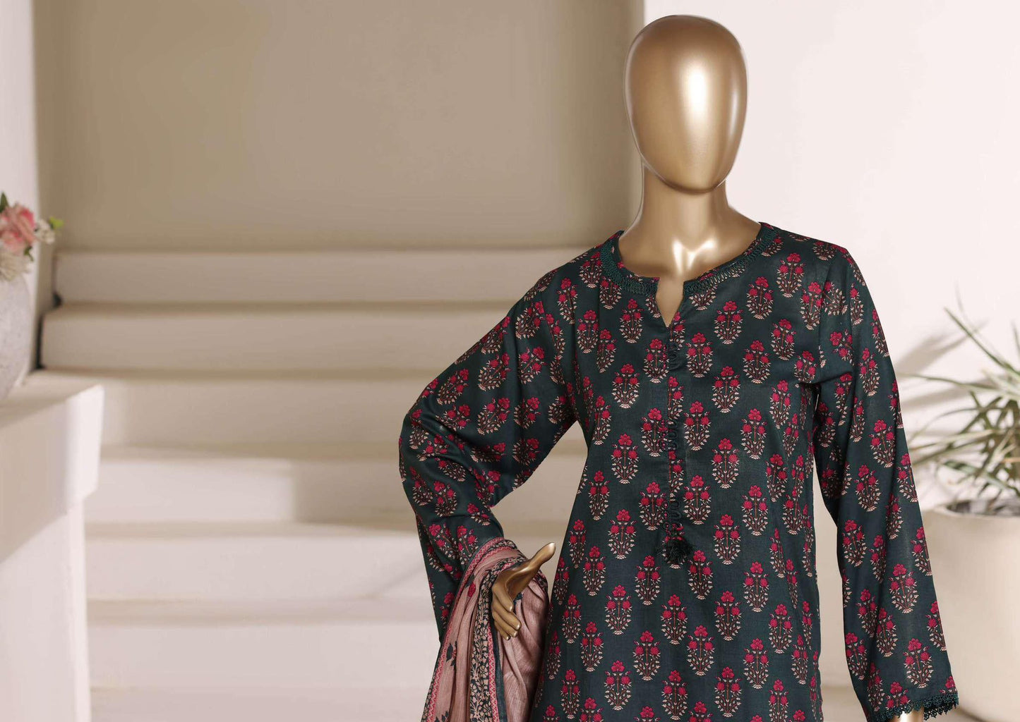 SADABAHAR Luxury Printed Lawn Suit-Bottle Green