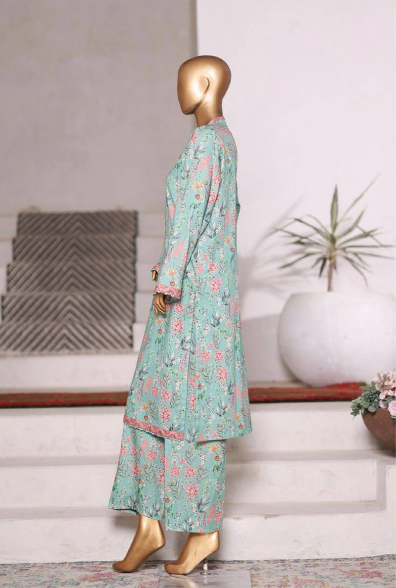 Binsaeed Printed Shirt & Pants(Co-ords)-Sea-green