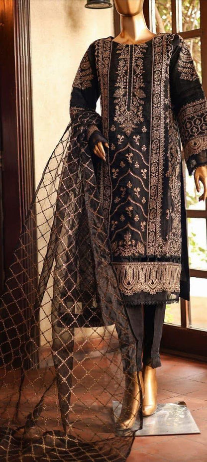Bin Saeed  Embroidered Organza 3 Piece- Black