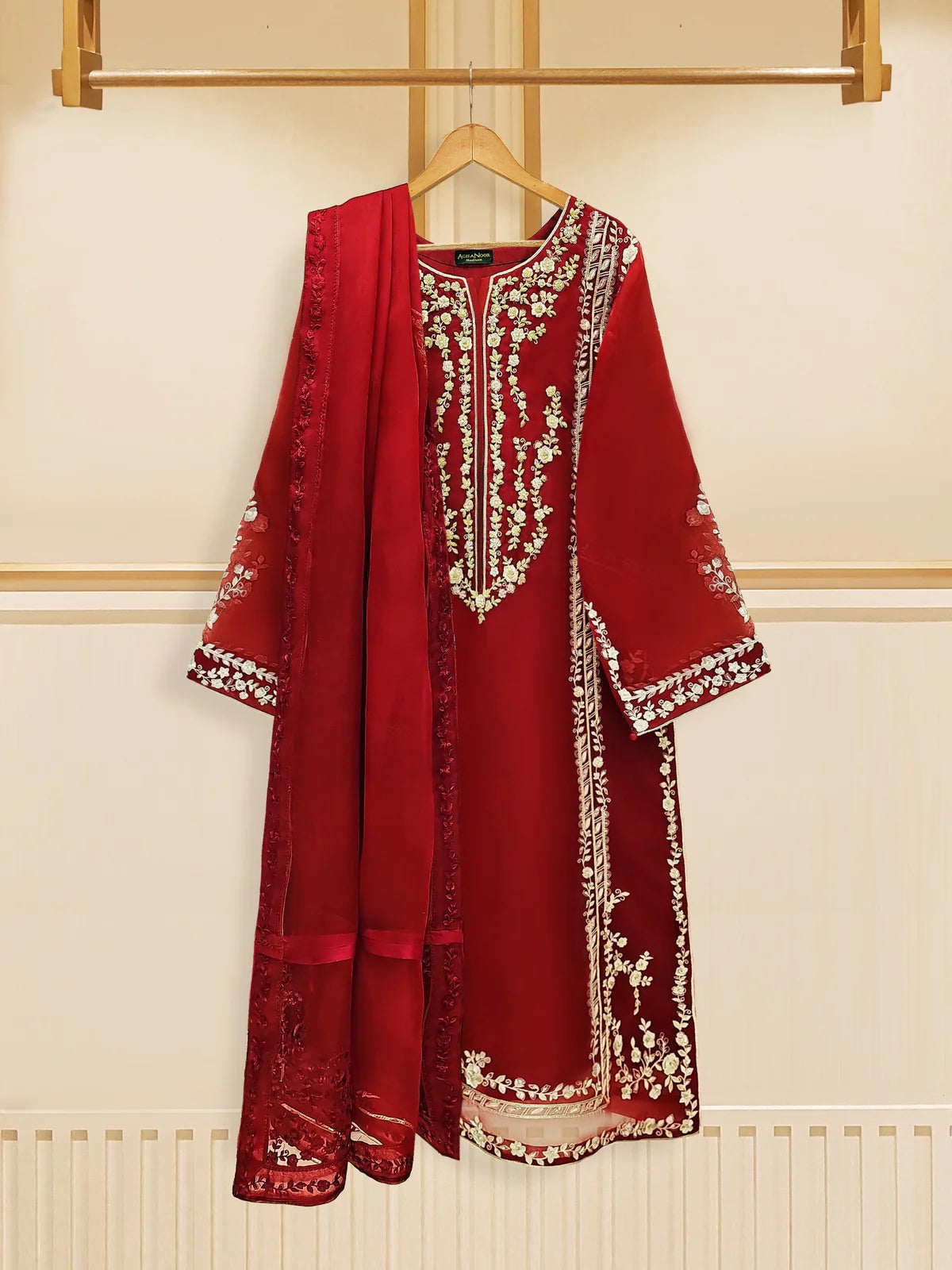 AGHANOOR 3 PIECE PURE ORGANZA EMBROIDERED SUIT