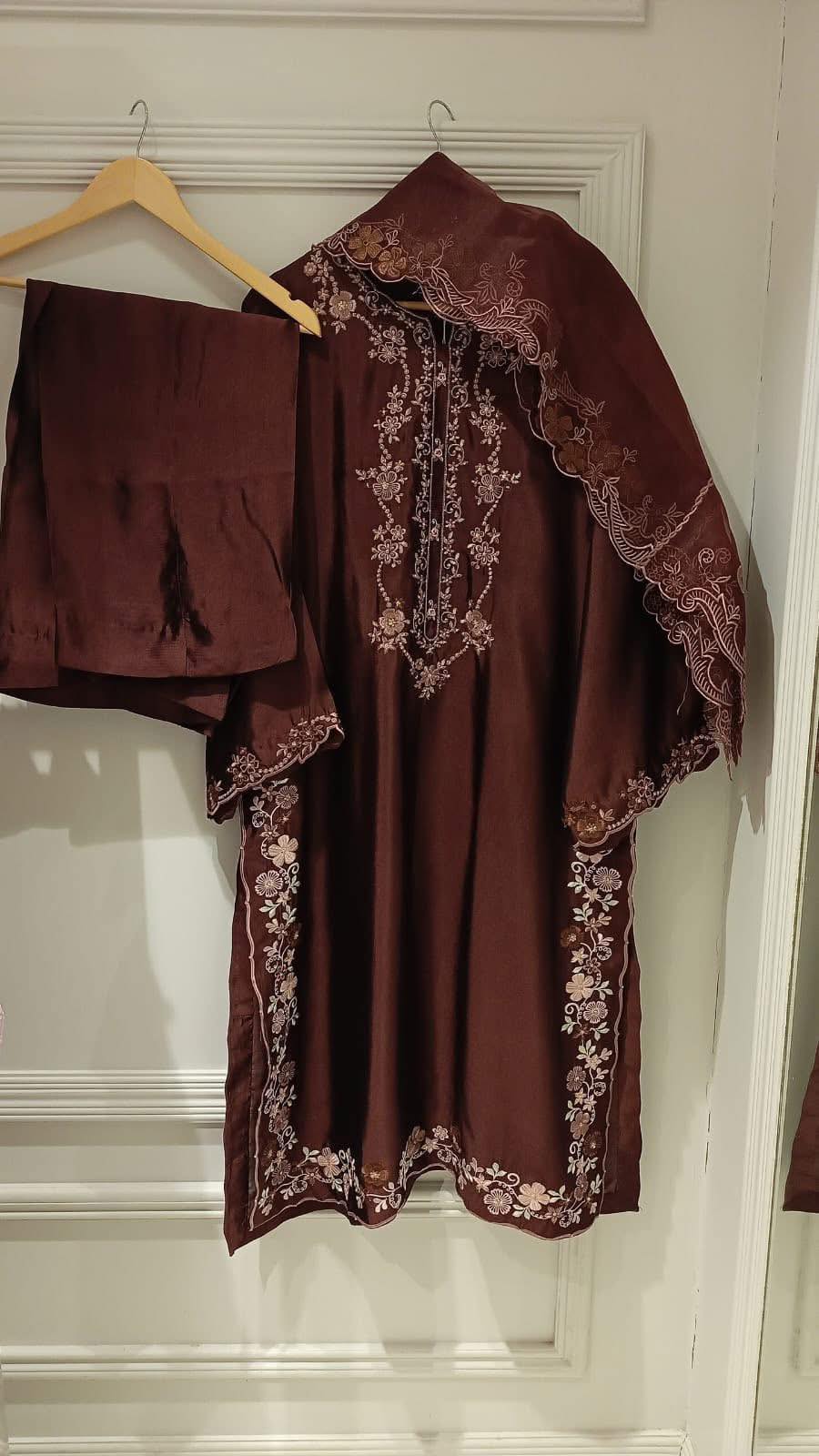 Aghanoor Embroidered Seesha Silk 4 Piece Suit-Brown
