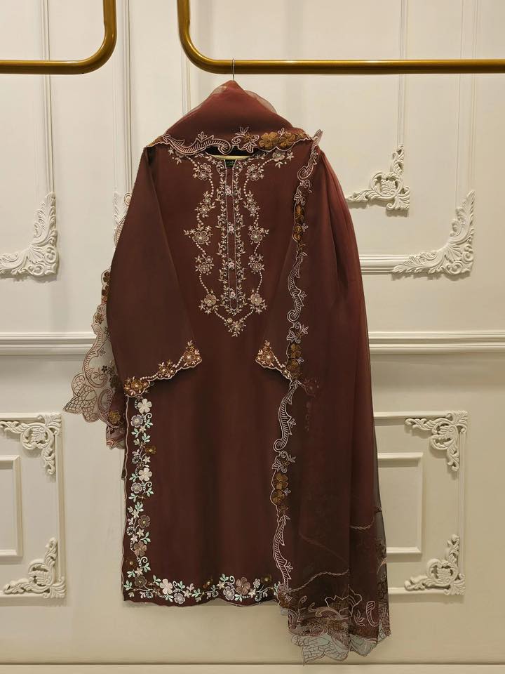 Aghanoor Embroidered Seesha Silk 4 Piece Suit-Brown