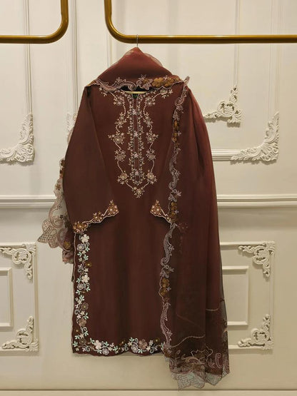 Aghanoor Embroidered Seesha Silk 4 Piece Suit-Brown