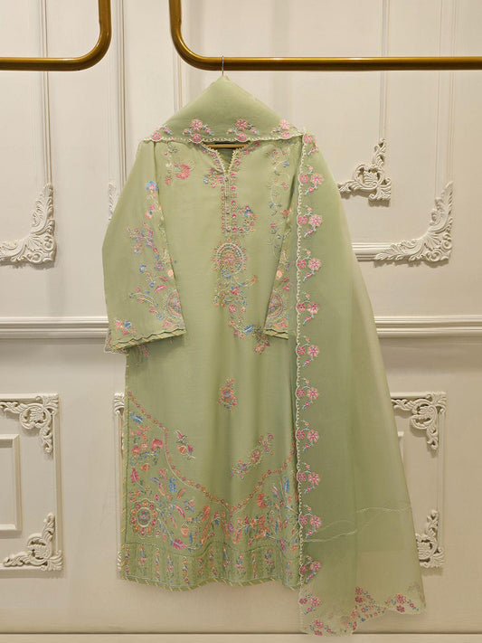 Aghanoor Embroidered Raw Silk 3 Piece-Green