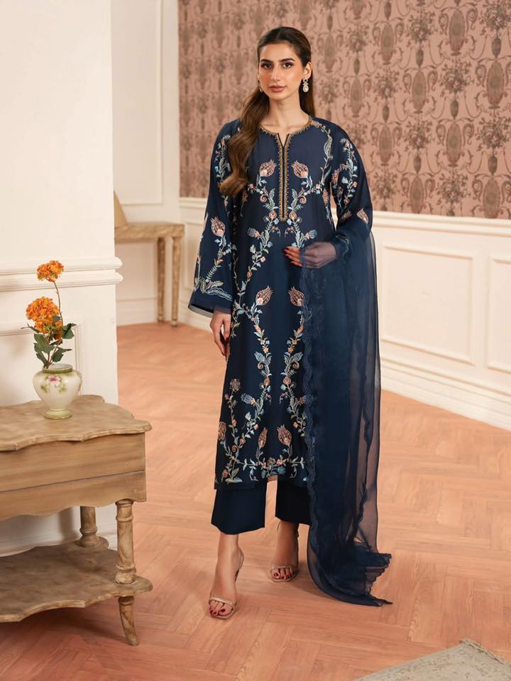 Aghanoor Embroidered Khaadi Silk 3 Piece-Navy Blue