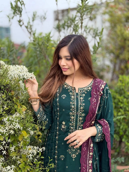 Sada-E-Noor Embroidered Chiffon 3 Piece-Teal