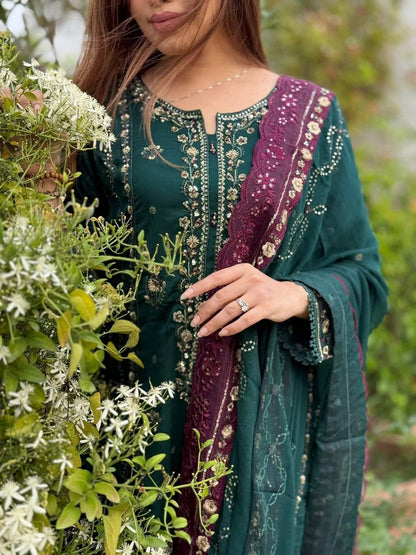 Sada-E-Noor Embroidered Chiffon 3 Piece-Teal