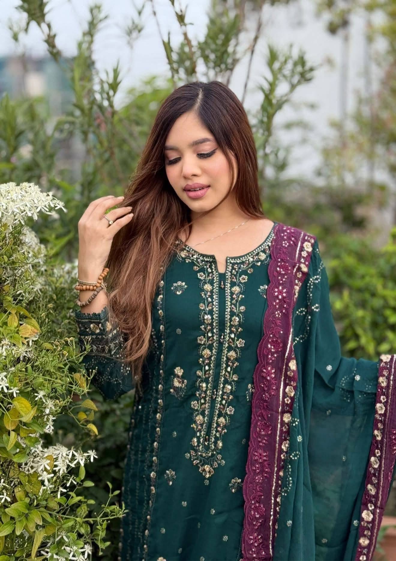 Sada-E-Noor Embroidered Chiffon 3 Piece-Teal