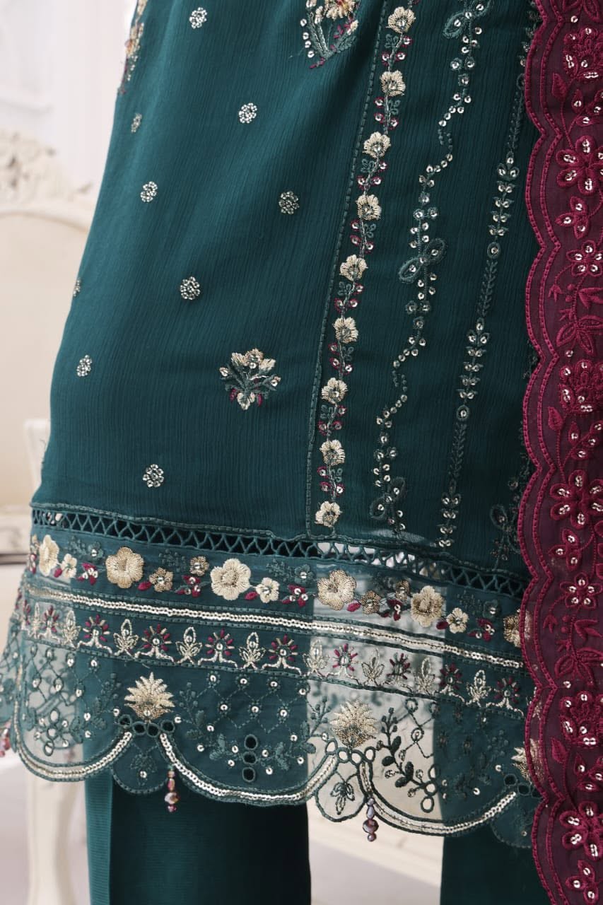 Sada-E-Noor Embroidered Chiffon 3 Piece-Teal