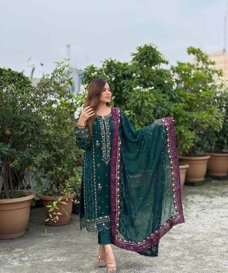Sada-E-Noor Embroidered Chiffon 3 Piece-Teal