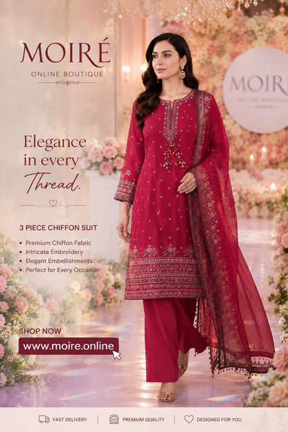Sada-E-Noor Embroidered Chiffon 3 Piece-Maroon