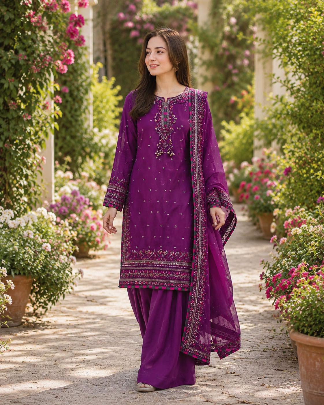 Sada-E-Noor Embroidered Chiffon 3 Piece-Deep Purple