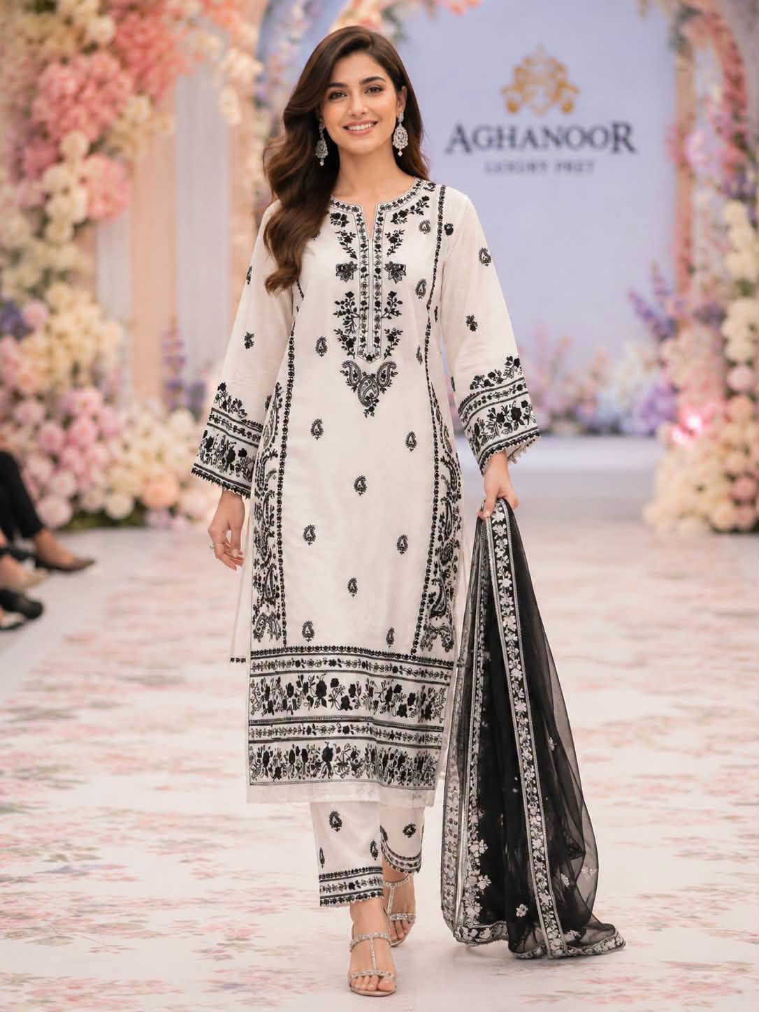 AGHANOOR 3 PIECE COTTON NET SUIT WITH SILK DUPATTA