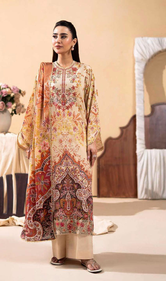 GULLJEE GULLBANO PREMIUM LAWN EMBROIDERED 3 PIECE-Beige & Multi