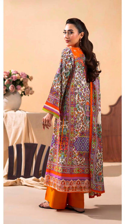 GULLJEE GULLBANO PREMIUM LAWN EMBROIDERED 3 PIECE-Orange Multicolor