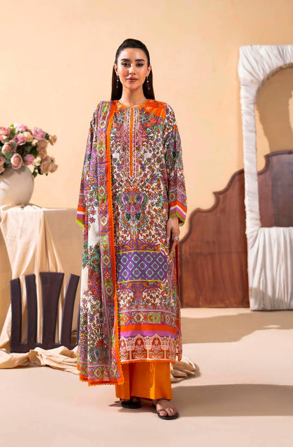 GULLJEE GULLBANO PREMIUM LAWN EMBROIDERED 3 PIECE-Orange Multicolor