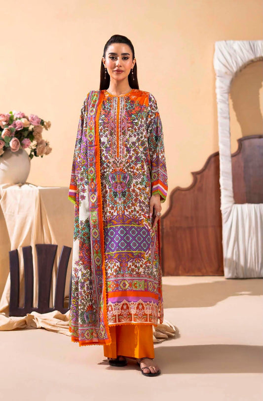 GULLJEE GULLBANO PREMIUM LAWN EMBROIDERED 3 PIECE-Orange Multicolor
